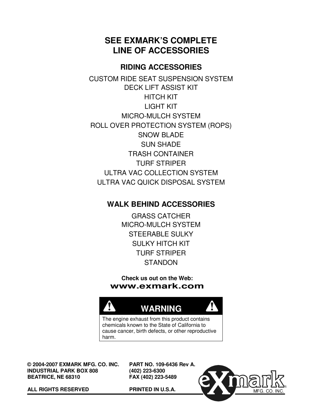 Exmark Lazer Z CT manual See EXMARK’S Complete Line of Accessories 