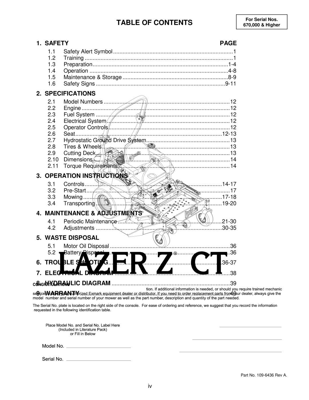 Exmark Lazer Z CT manual Table of Contents 