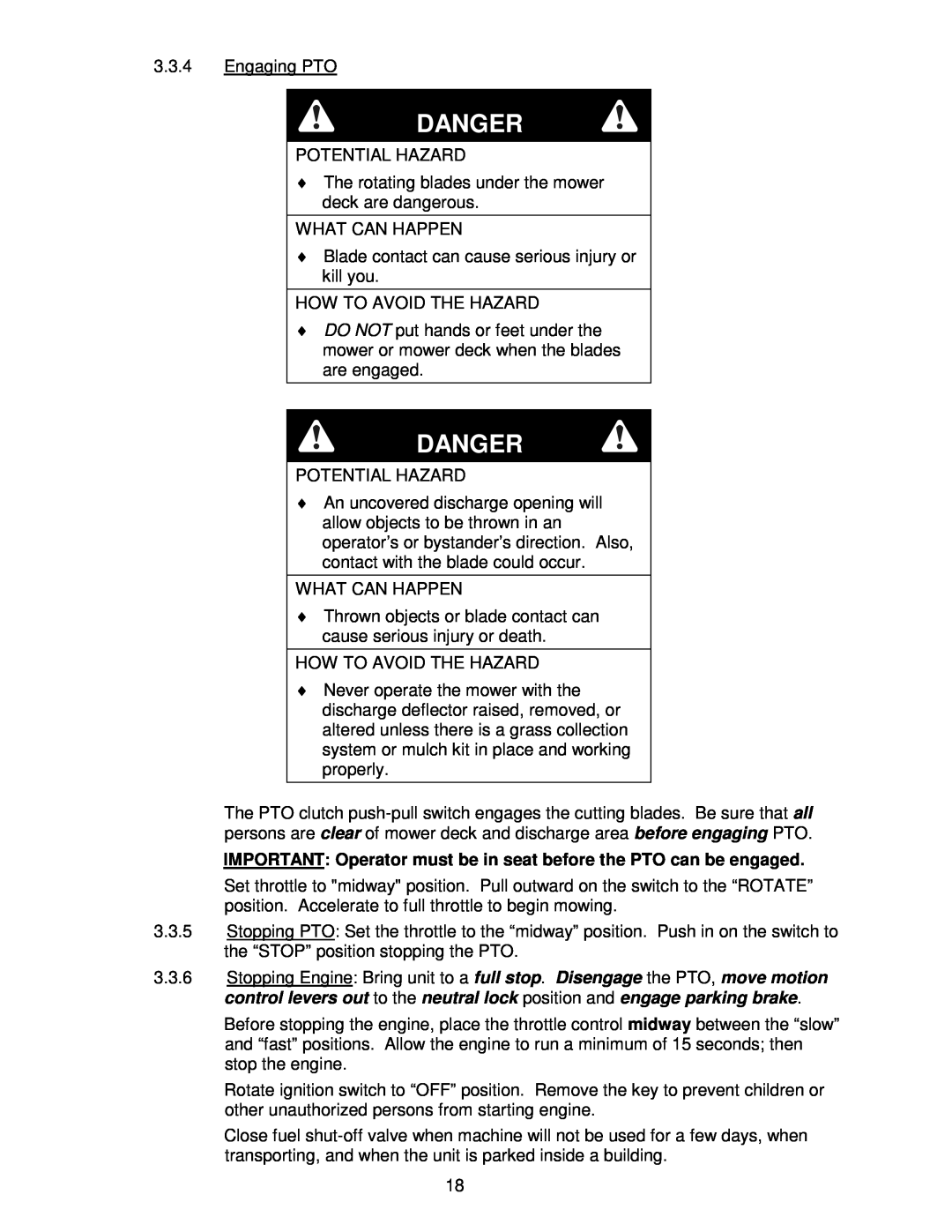 Exmark Lazer Z CT manual Danger, 3.3.4Engaging PTO 