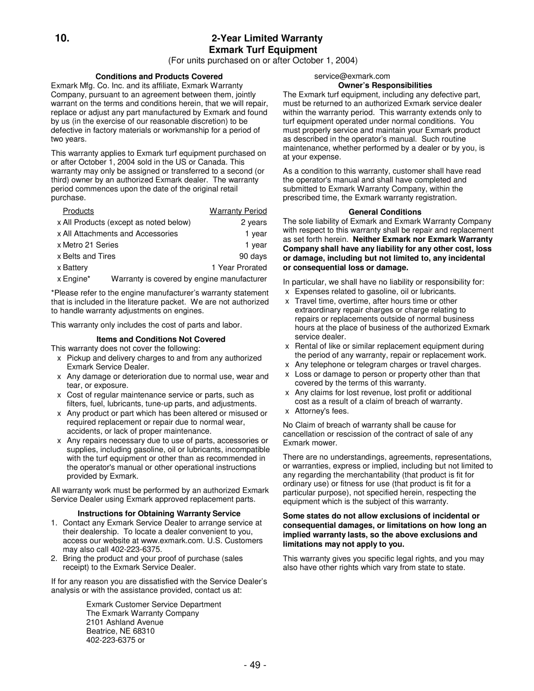 Exmark LAZER Z HP manual Year Limited Warranty Exmark Turf Equipment 