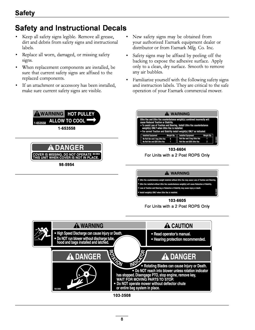Exmark LAZER Z HP manual Safety and Instructional Decals, For Units with a 2 Post ROPS Only 