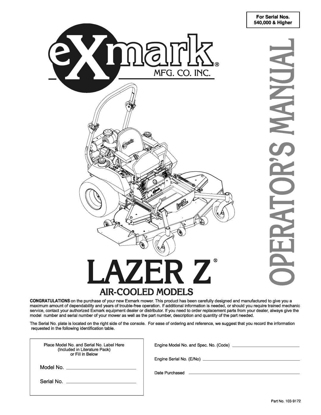 Exmark LAZER Z HP manual For Serial Nos 540,000 & Higher 