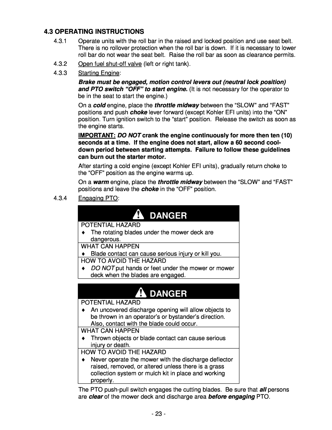 Exmark LAZER Z HP manual Danger, 4.3OPERATING INSTRUCTIONS 