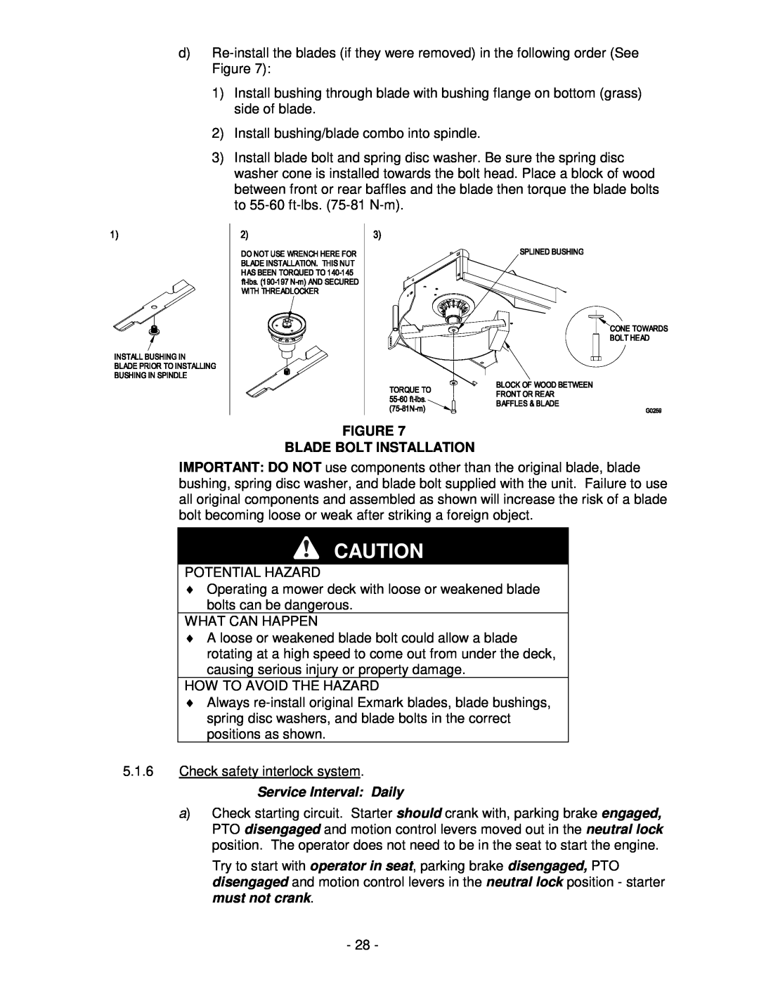 Exmark LAZER Z HP manual Figure Blade Bolt Installation, Service Interval Daily 