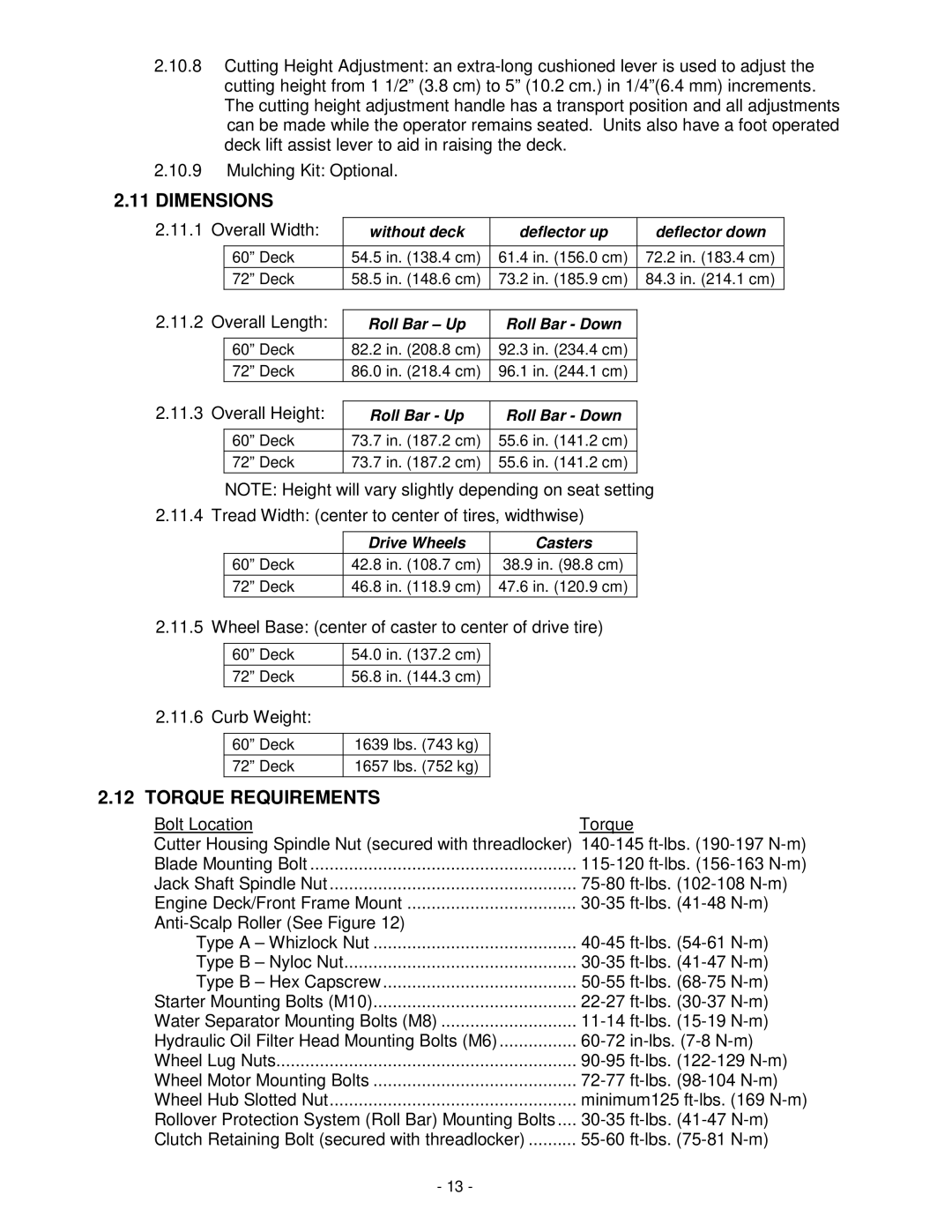 Exmark Lazer Z XP manual Dimensions, Torque Requirements 