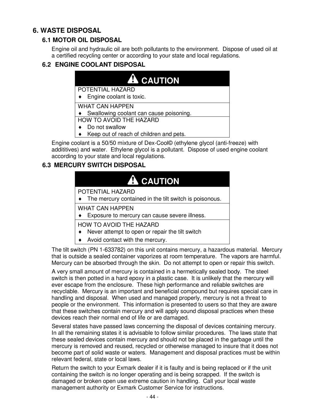 Exmark Lazer Z XP manual Waste Disposal, Motor OIL Disposal, Engine Coolant Disposal, Mercury Switch Disposal 