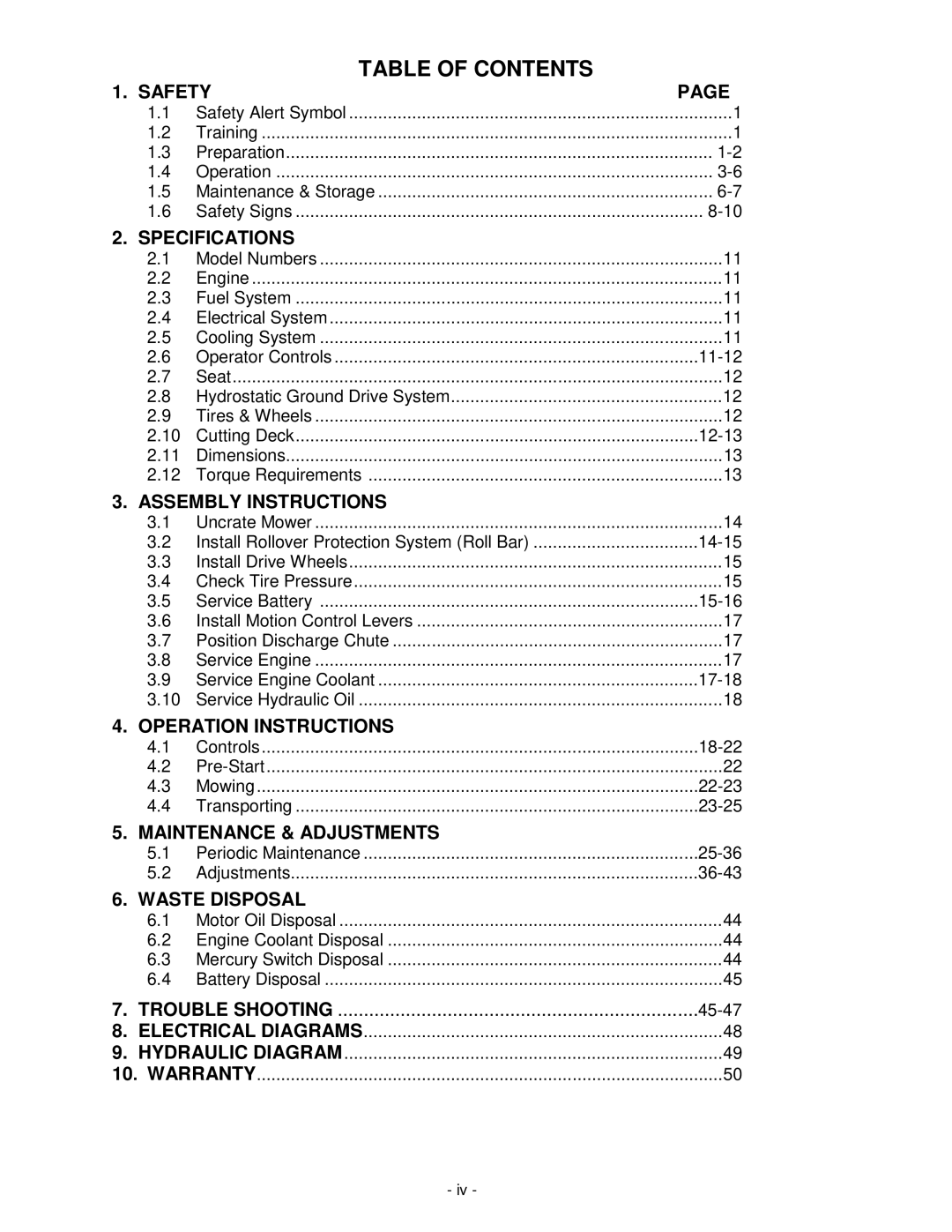 Exmark Lazer Z XP manual Table of Contents 