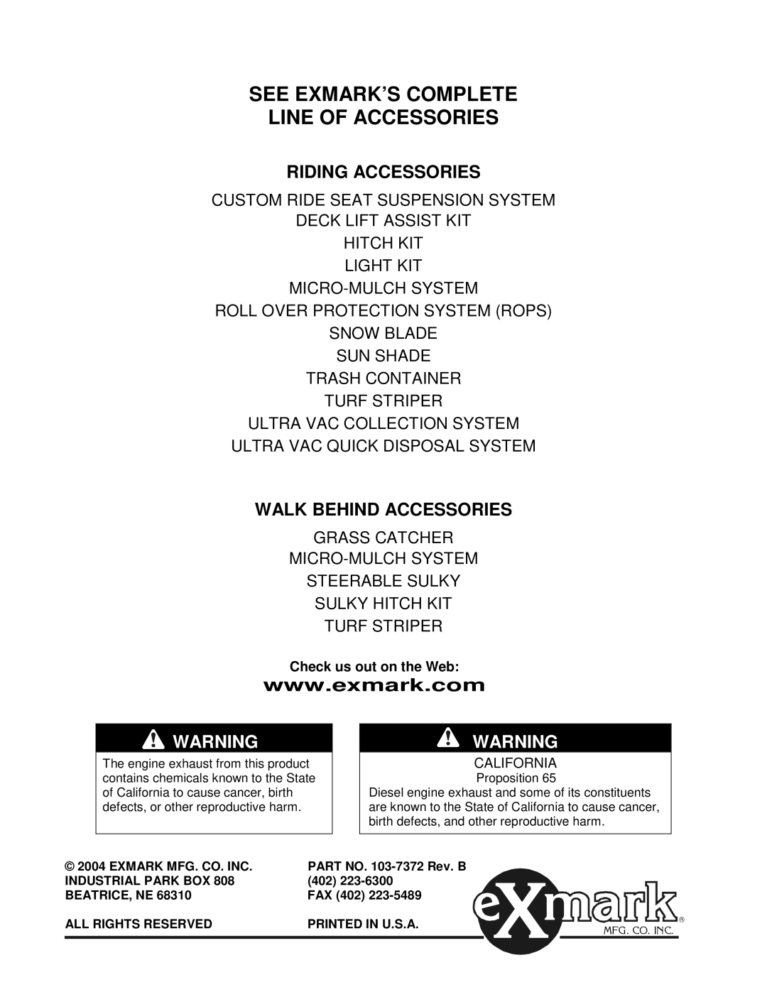 Exmark Lazer Z XP manual See EXMARK’S Complete Line of Accessories 