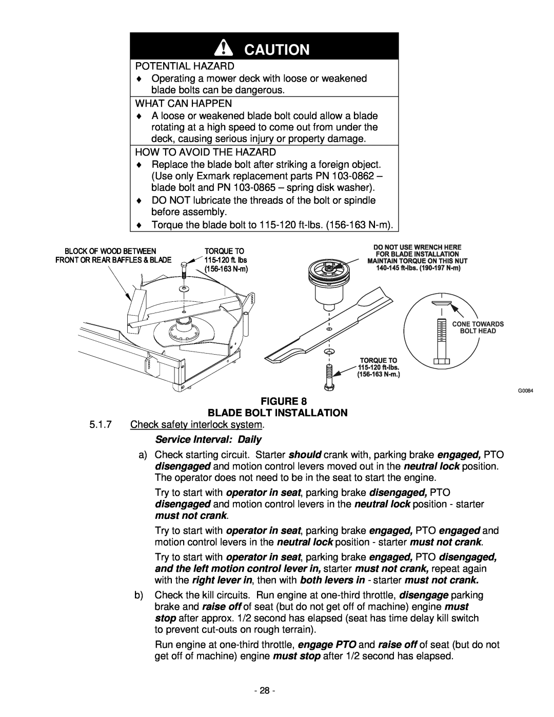 Exmark Lazer Z XP manual Blade Bolt Installation, Service Interval Daily, G0084 