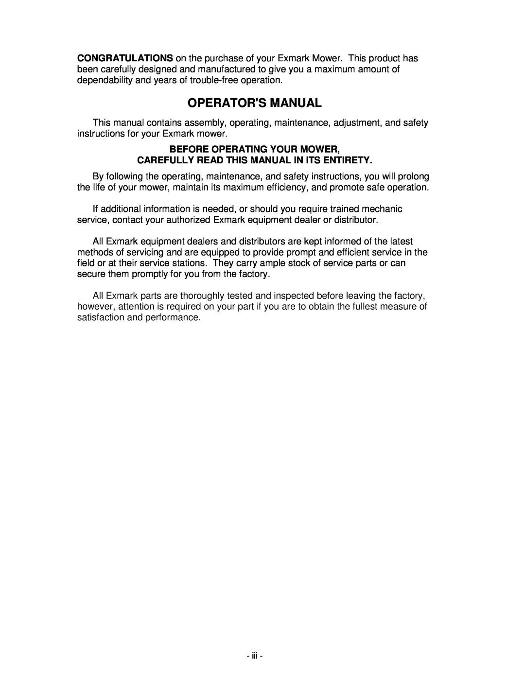 Exmark Lazer Z XP manual Operators Manual, Before Operating Your Mower, Carefully Read This Manual In Its Entirety 