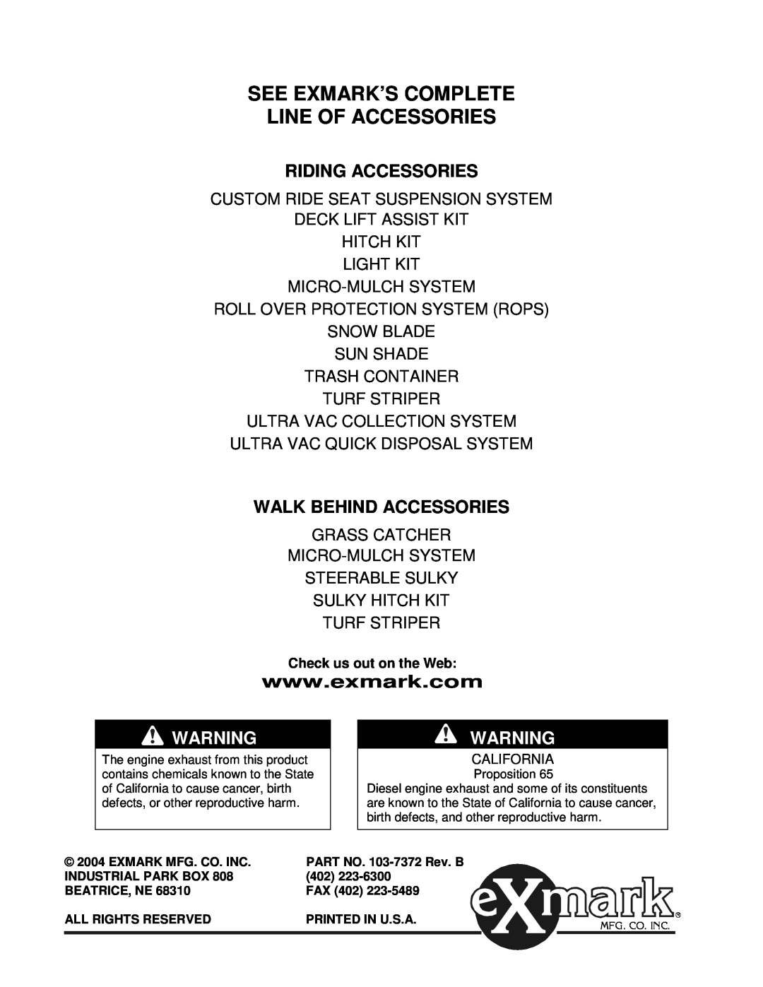 Exmark Lazer Z XP manual Riding Accessories, Walk Behind Accessories, See Exmark’S Complete Line Of Accessories 