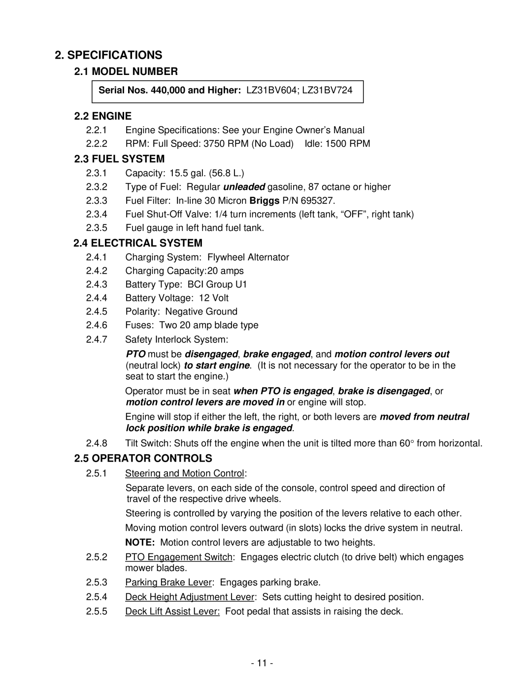 Exmark Lazer Z XS manual Specifications 