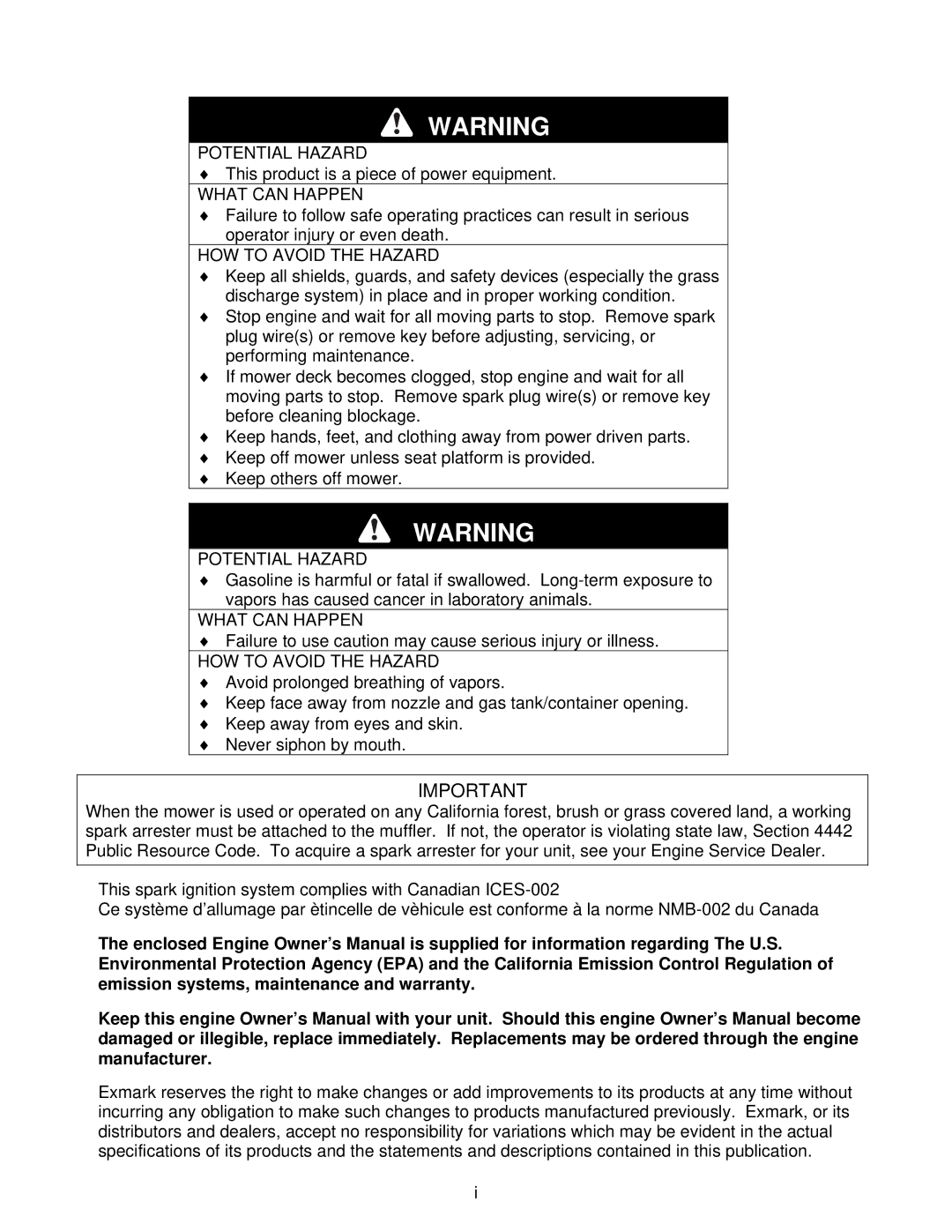 Exmark Lazer Z XS manual Potential Hazard 