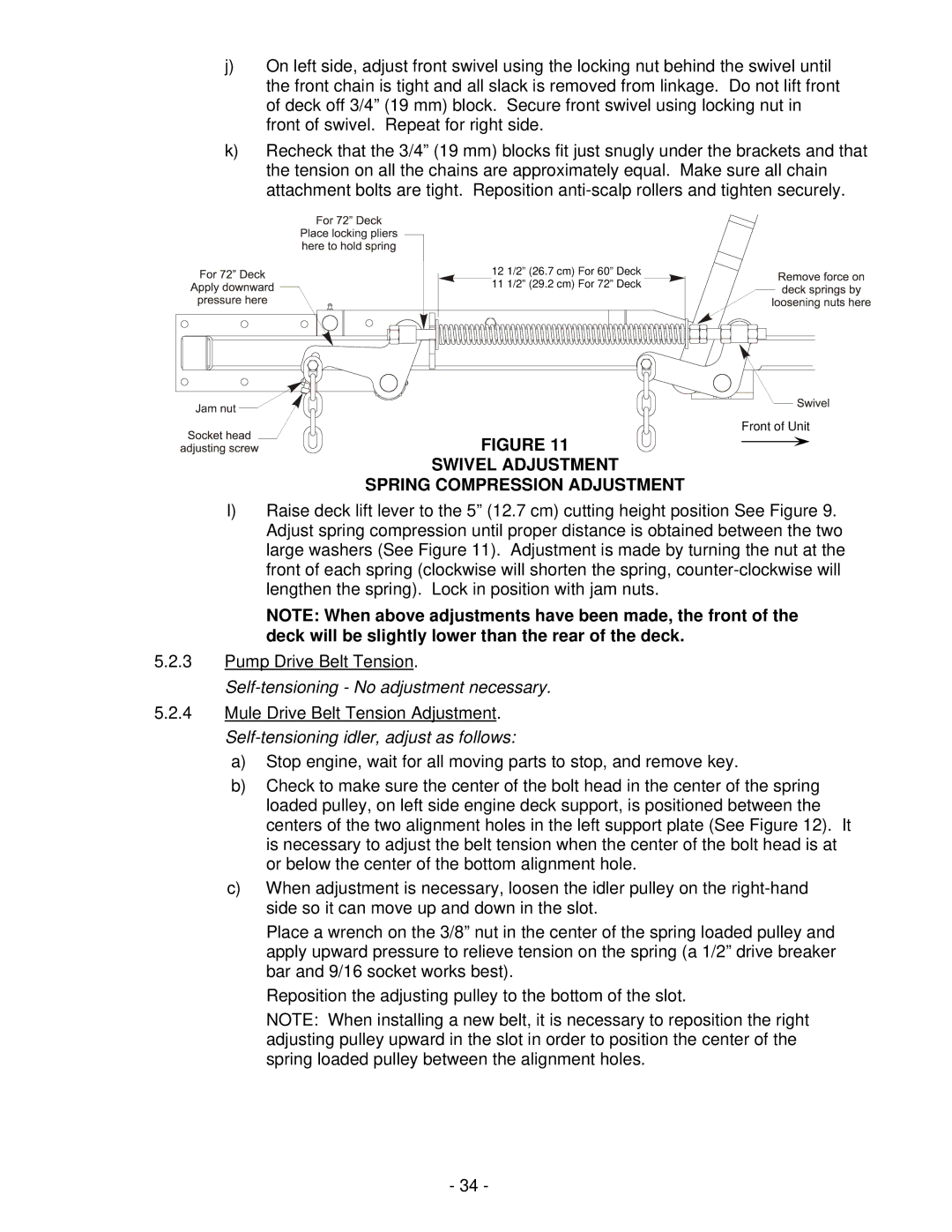 Exmark Lazer Z XS manual Swivel Adjustment Spring Compression Adjustment, Self-tensioning No adjustment necessary 