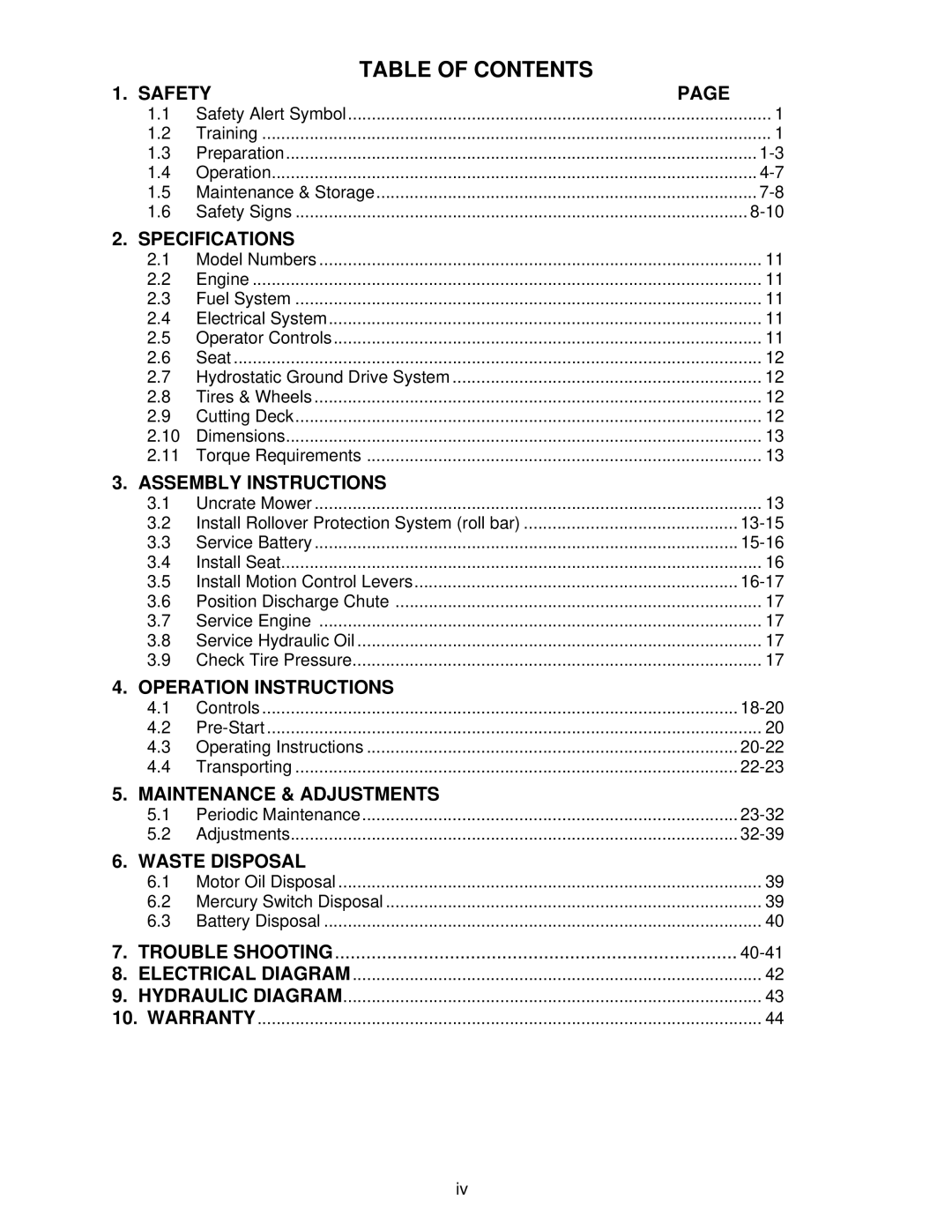 Exmark Lazer Z XS manual Table of Contents 