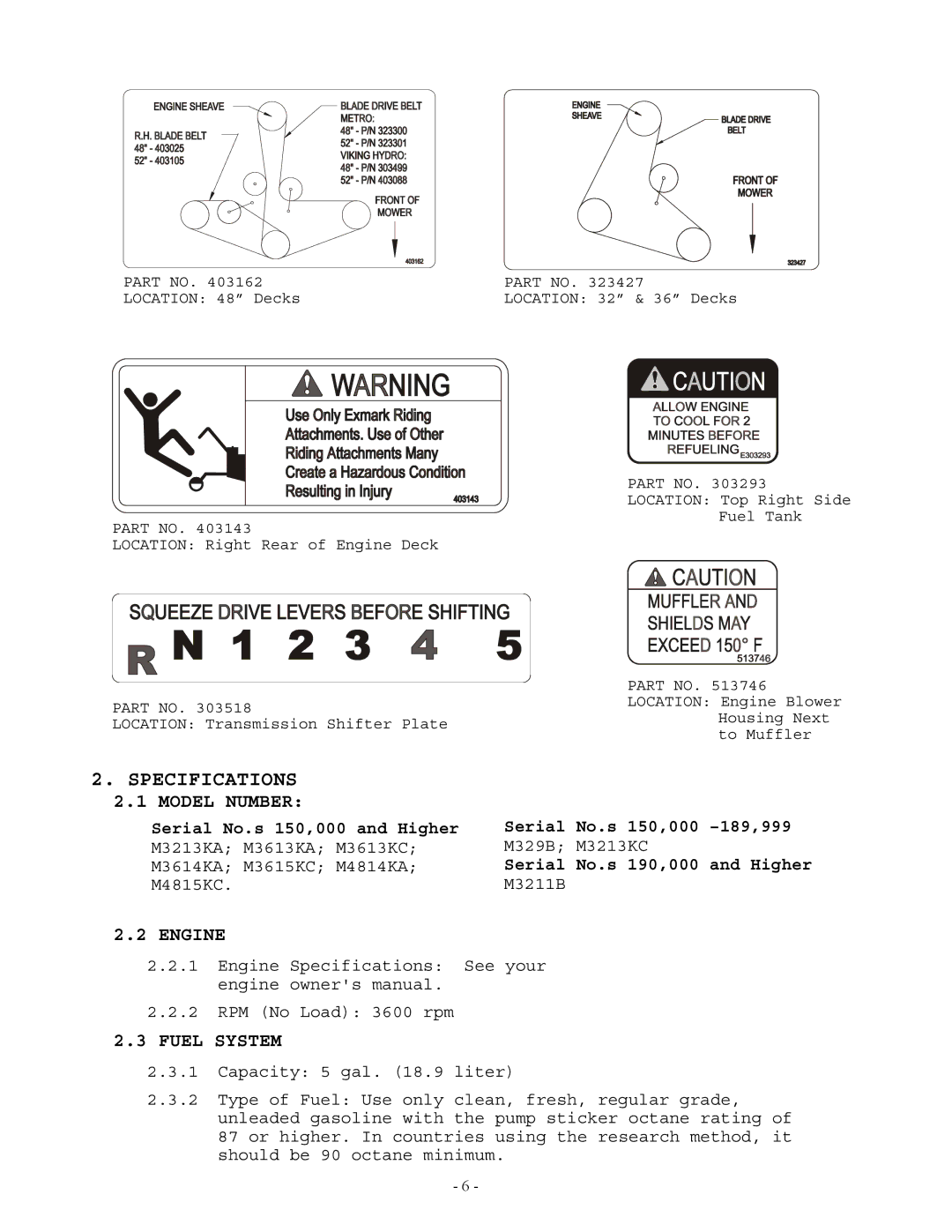 Exmark Lazer Z manual Specifications, Model Number, Engine, Fuel System 