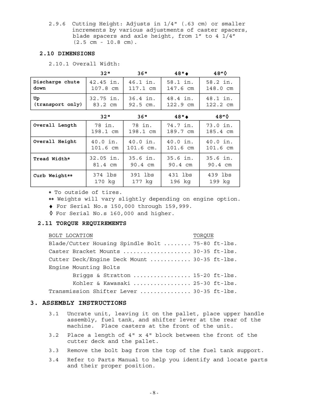 Exmark Lazer Z manual Assembly Instructions, Dimensions, Torque Requirements 