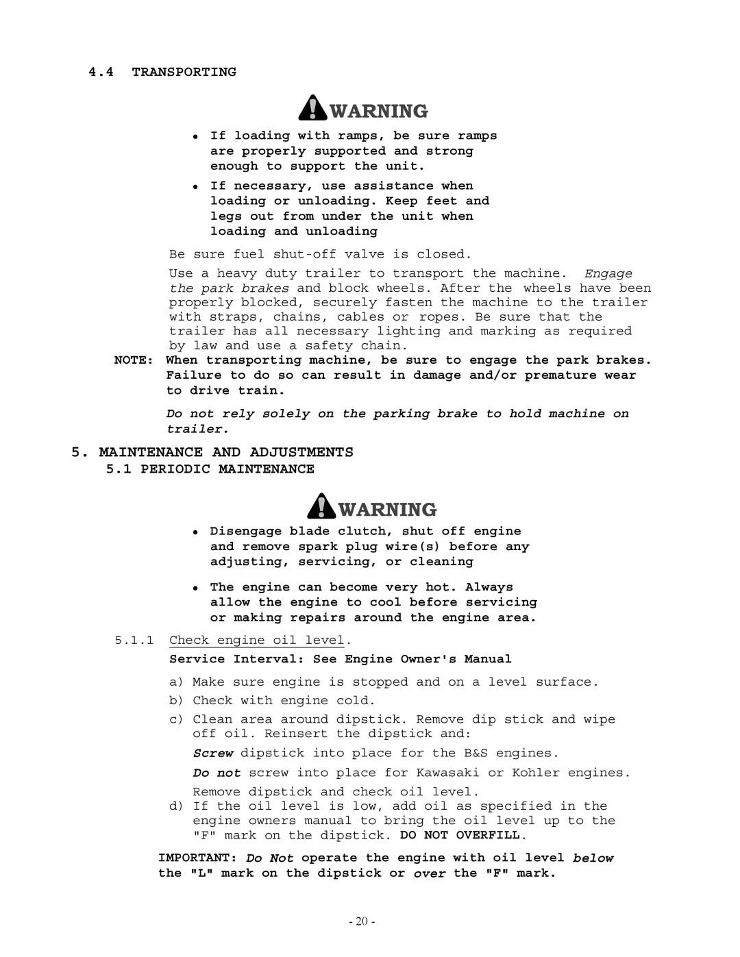 Exmark Lazer Z manual Maintenance and Adjustments, Transporting, Periodic Maintenance 