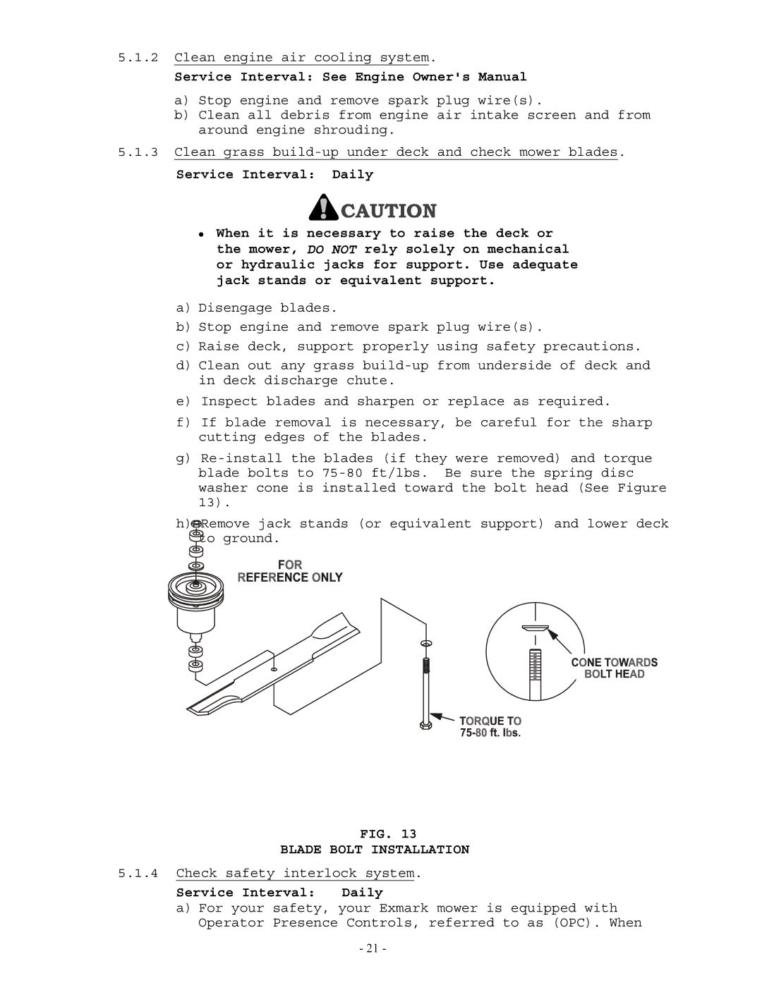 Exmark Lazer Z manual Blade Bolt Installation, Service Interval Daily 