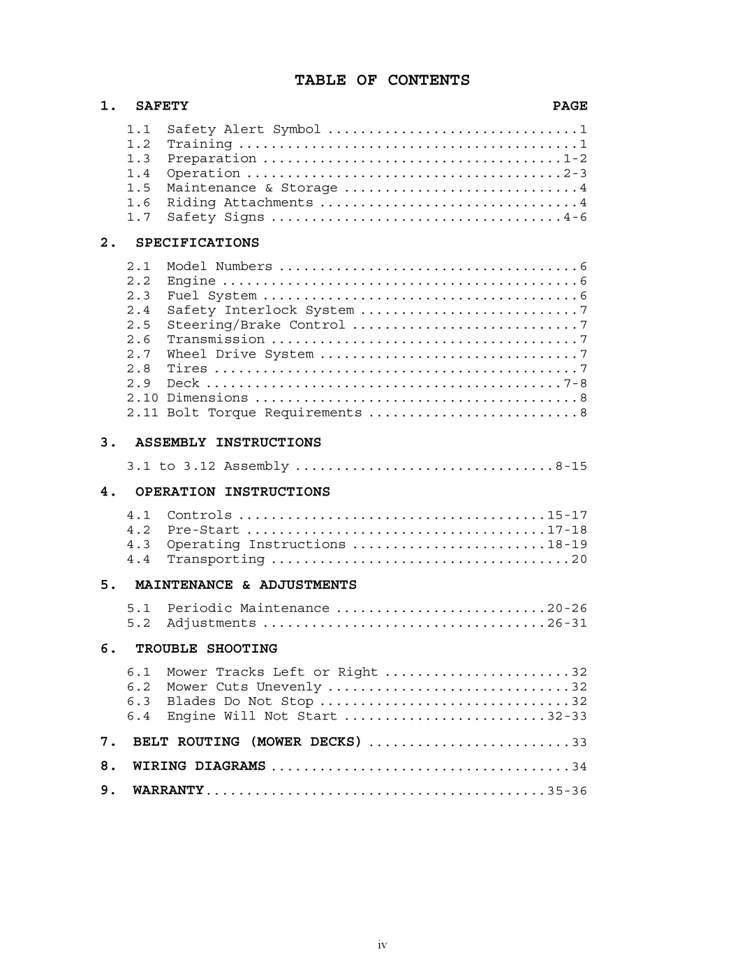 Exmark Lazer Z manual Table of Contents 