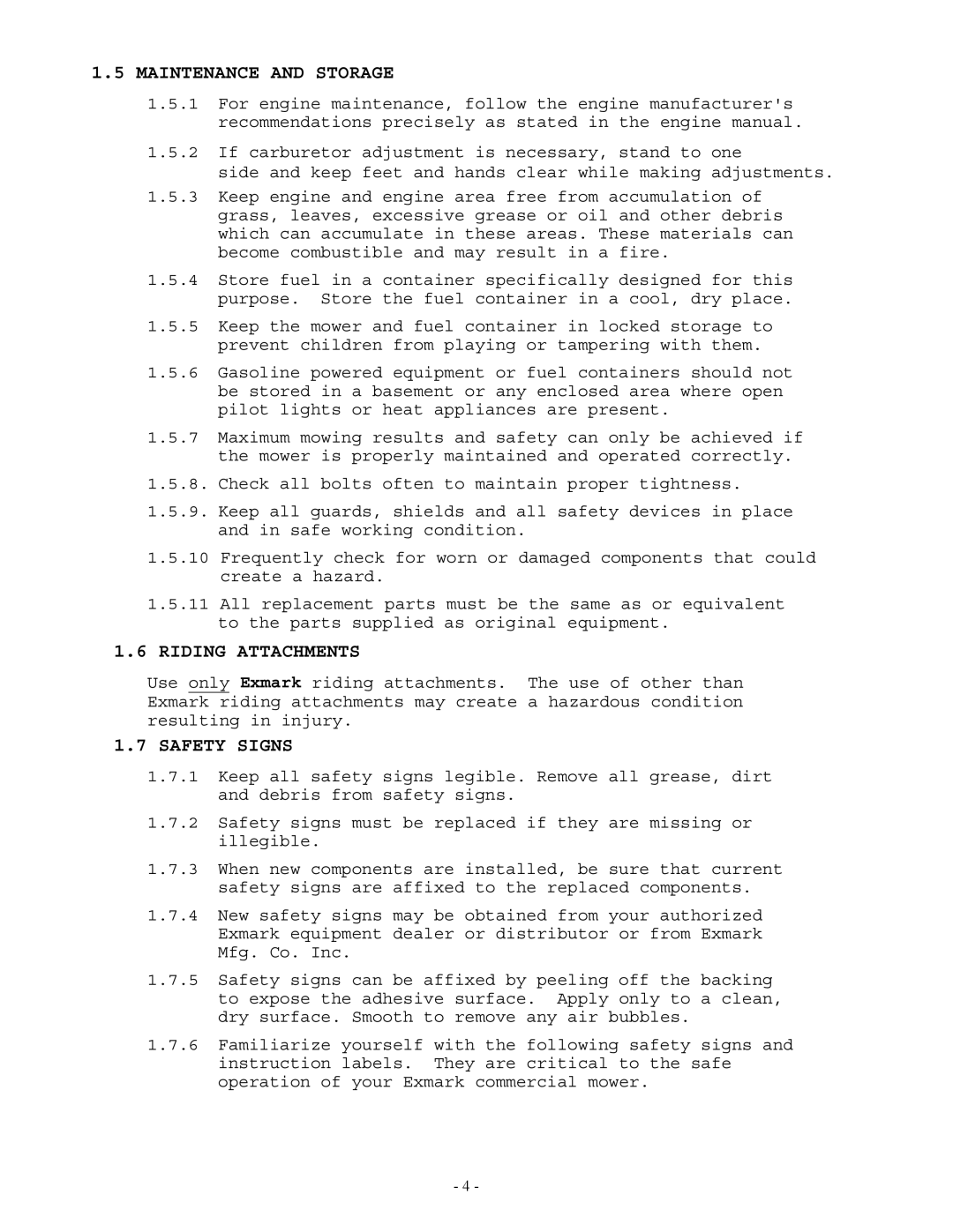Exmark Lazer Z manual Maintenance and Storage, Riding Attachments, Safety Signs 