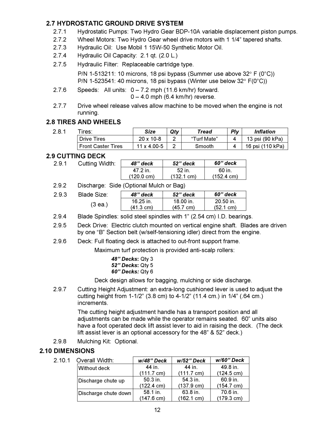 Exmark Lazer ZCT manual Hydrostatic Ground Drive System, Tires and Wheels, Cutting Deck, Dimensions 