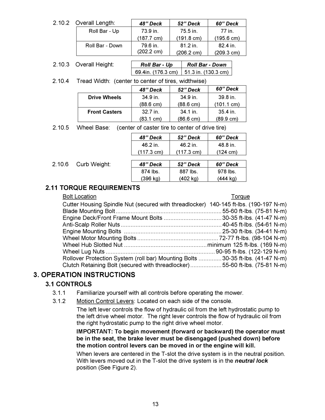 Exmark Lazer ZCT manual Operation Instructions, Torque Requirements, Controls 