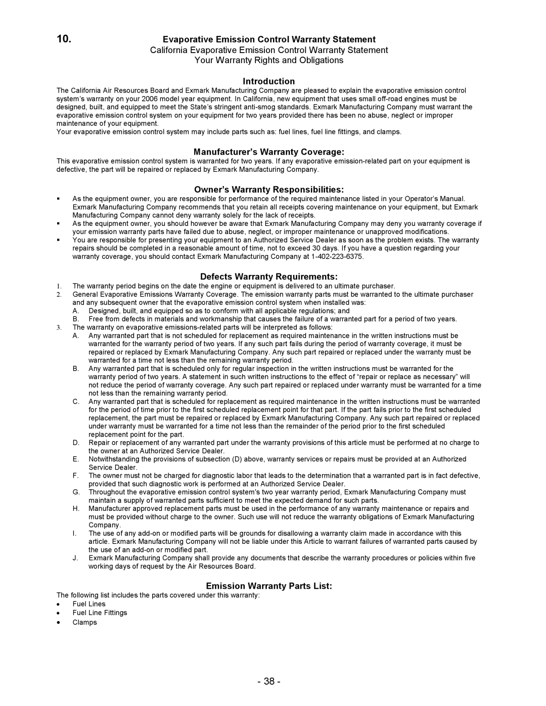 Exmark Lazer ZCT manual Evaporative Emission Control Warranty Statement 