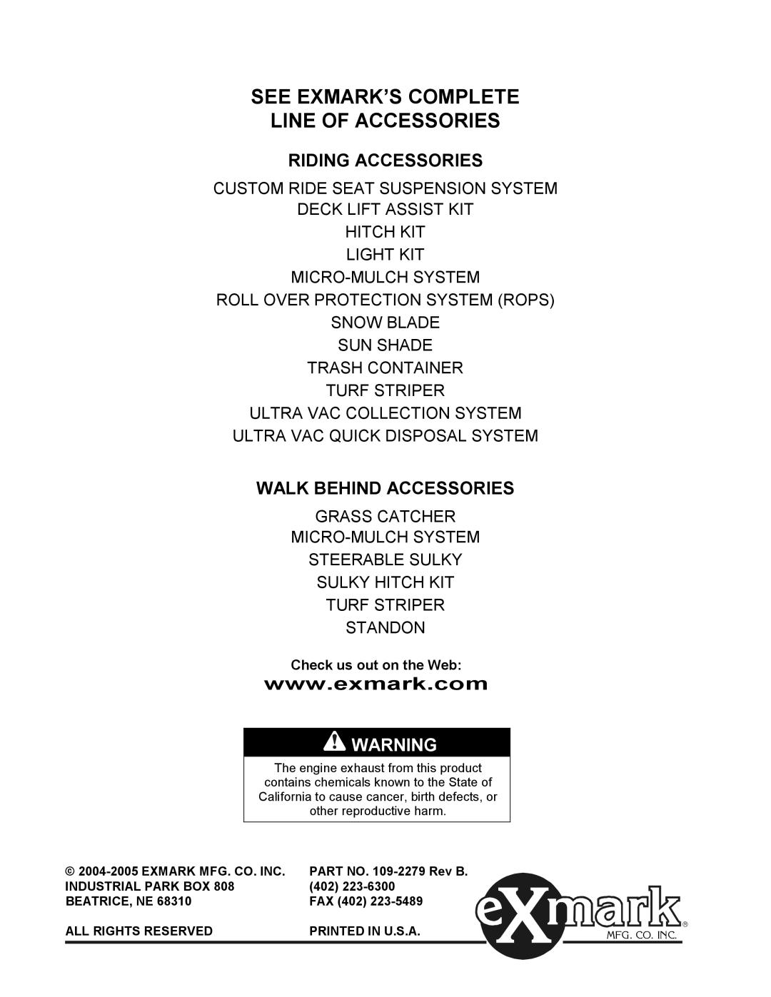 Exmark Lazer ZCT manual See EXMARK’S Complete Line of Accessories 