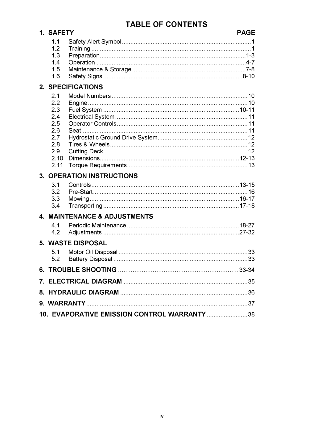 Exmark Lazer ZCT manual Table of Contents 