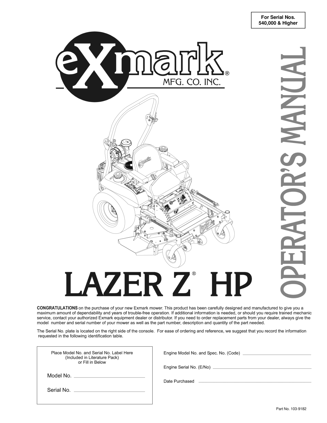 Exmark Lazer ZHP manual For Serial Nos 540,000 & Higher 