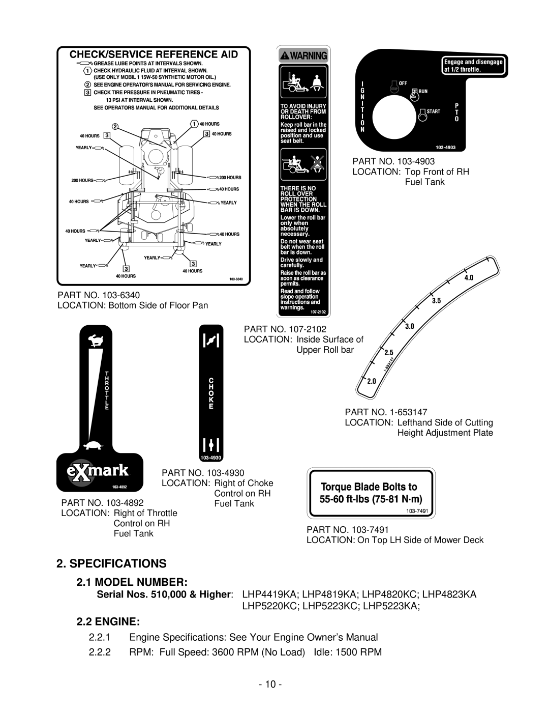 Exmark Lazer ZHP manual Specifications, Model Number, Engine 