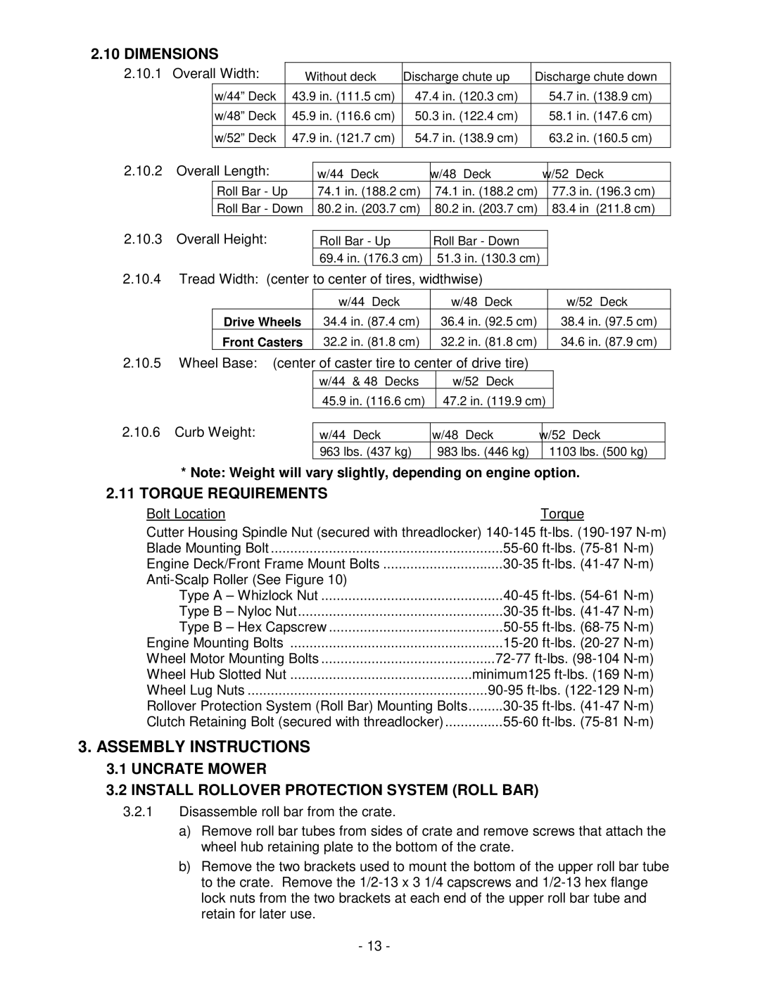 Exmark Lazer ZHP manual Assembly Instructions, Dimensions, Torque Requirements, Curb Weight 