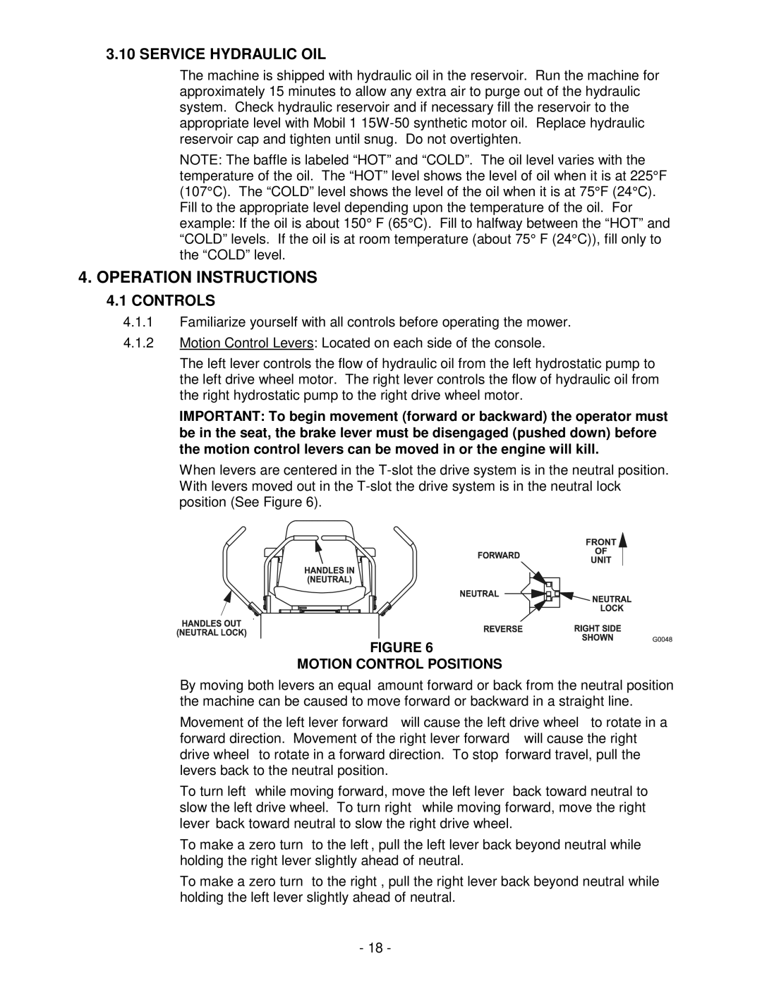 Exmark Lazer ZHP manual Operation Instructions, Service Hydraulic OIL, Controls, Motion Control Positions 