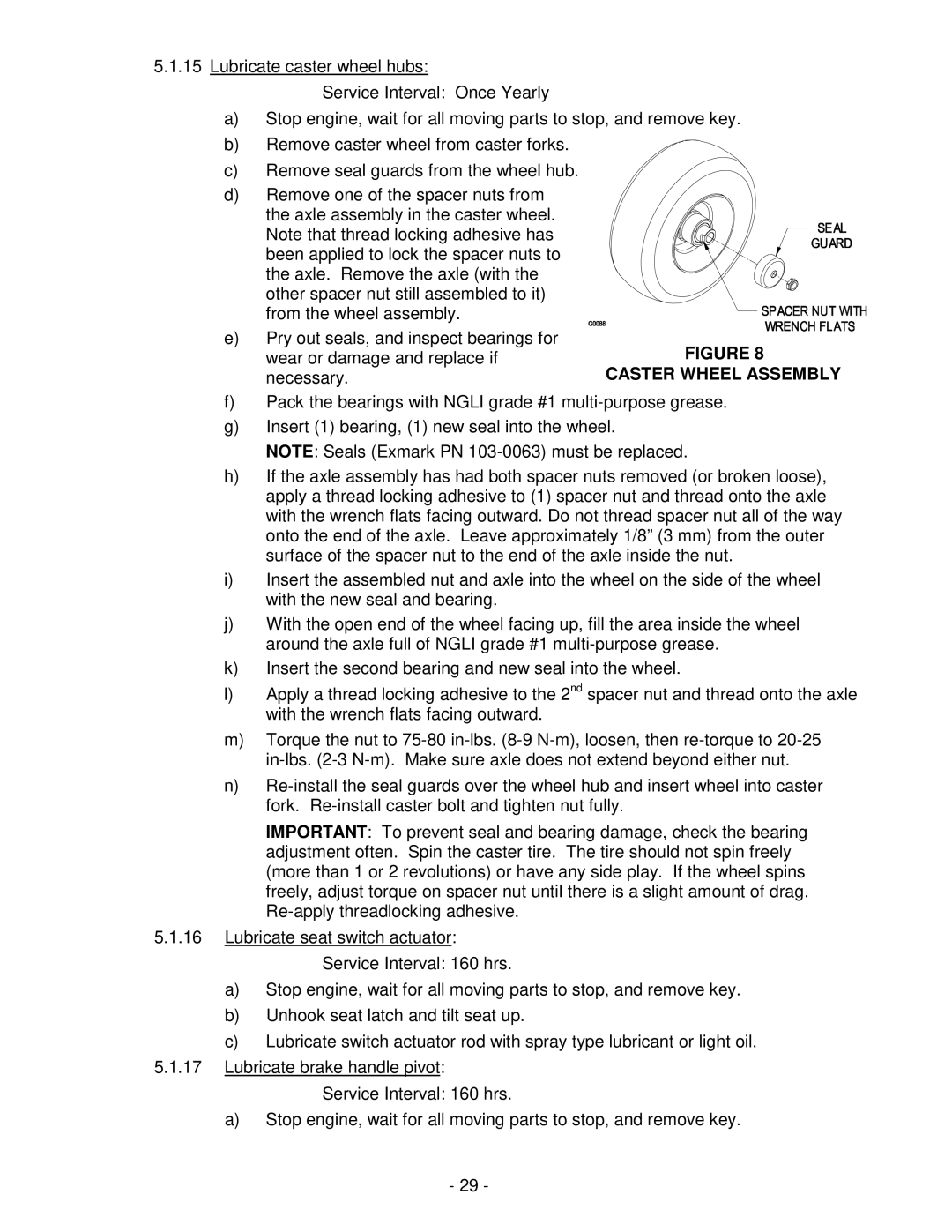 Exmark Lazer ZHP manual Service Interval Once Yearly, Caster Wheel Assembly, Service Interval 160 hrs 