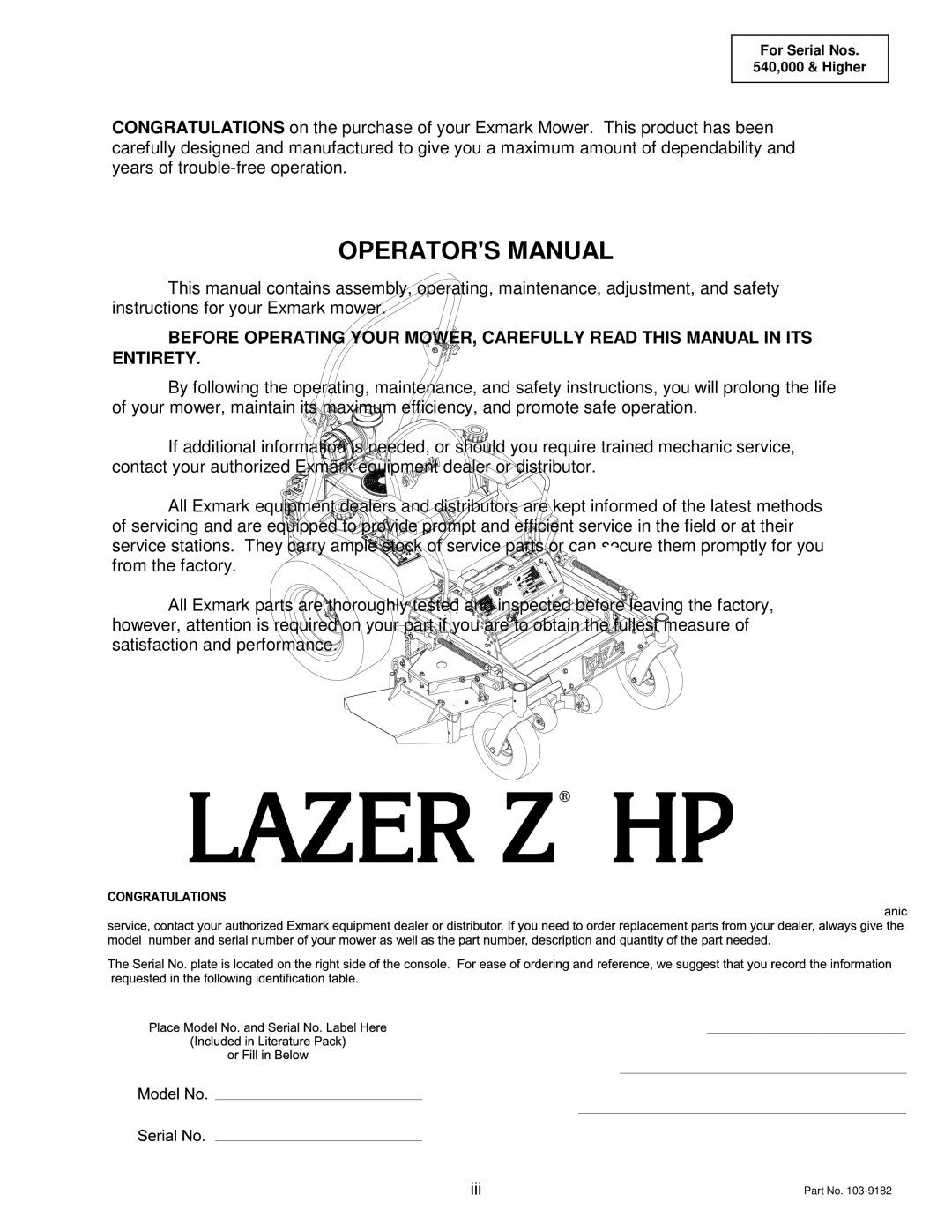 Exmark Lazer ZHP manual Operators Manual 