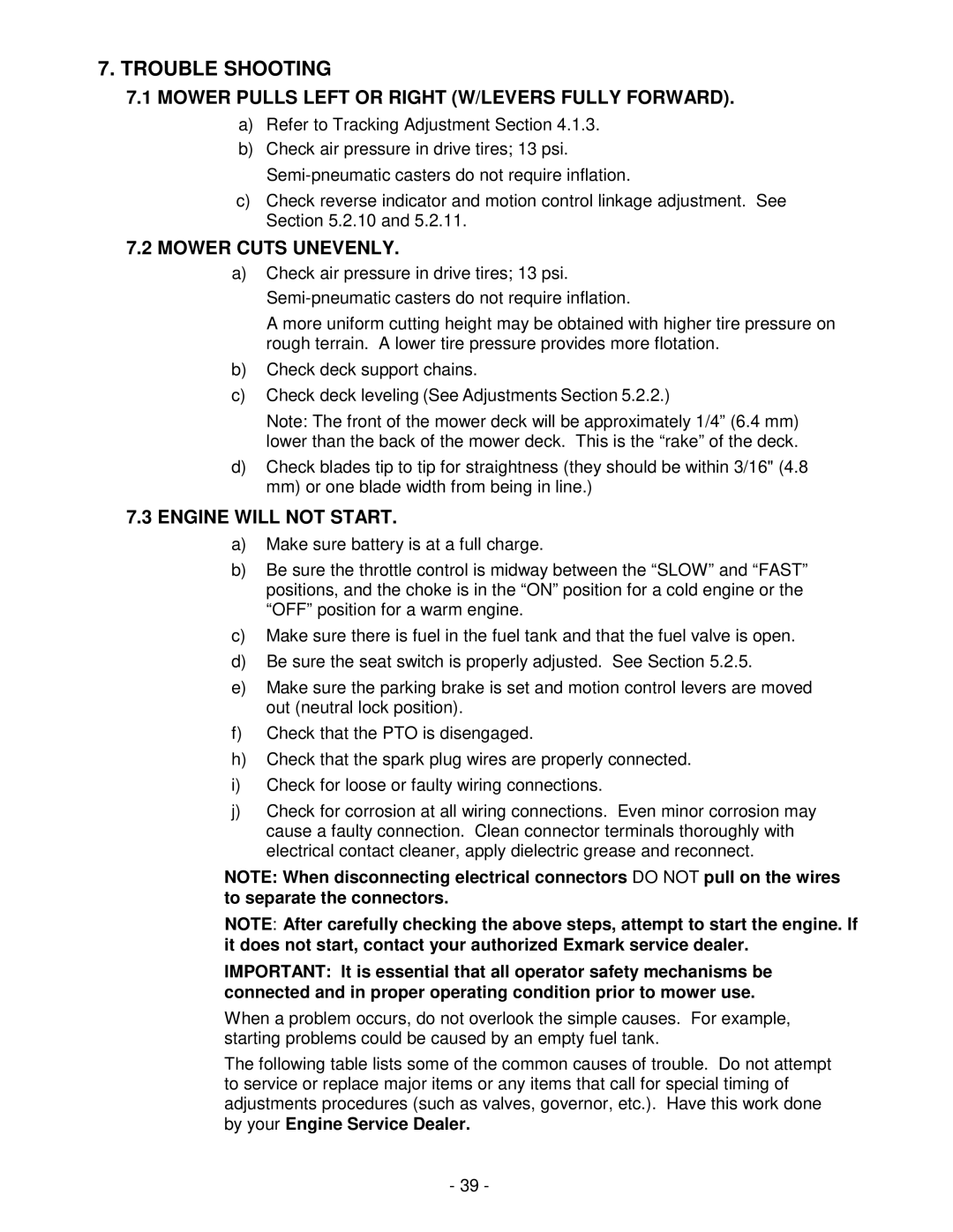 Exmark Lazer ZHP manual Trouble Shooting, Mower Pulls Left or Right W/LEVERS Fully Forward, Mower Cuts Unevenly 