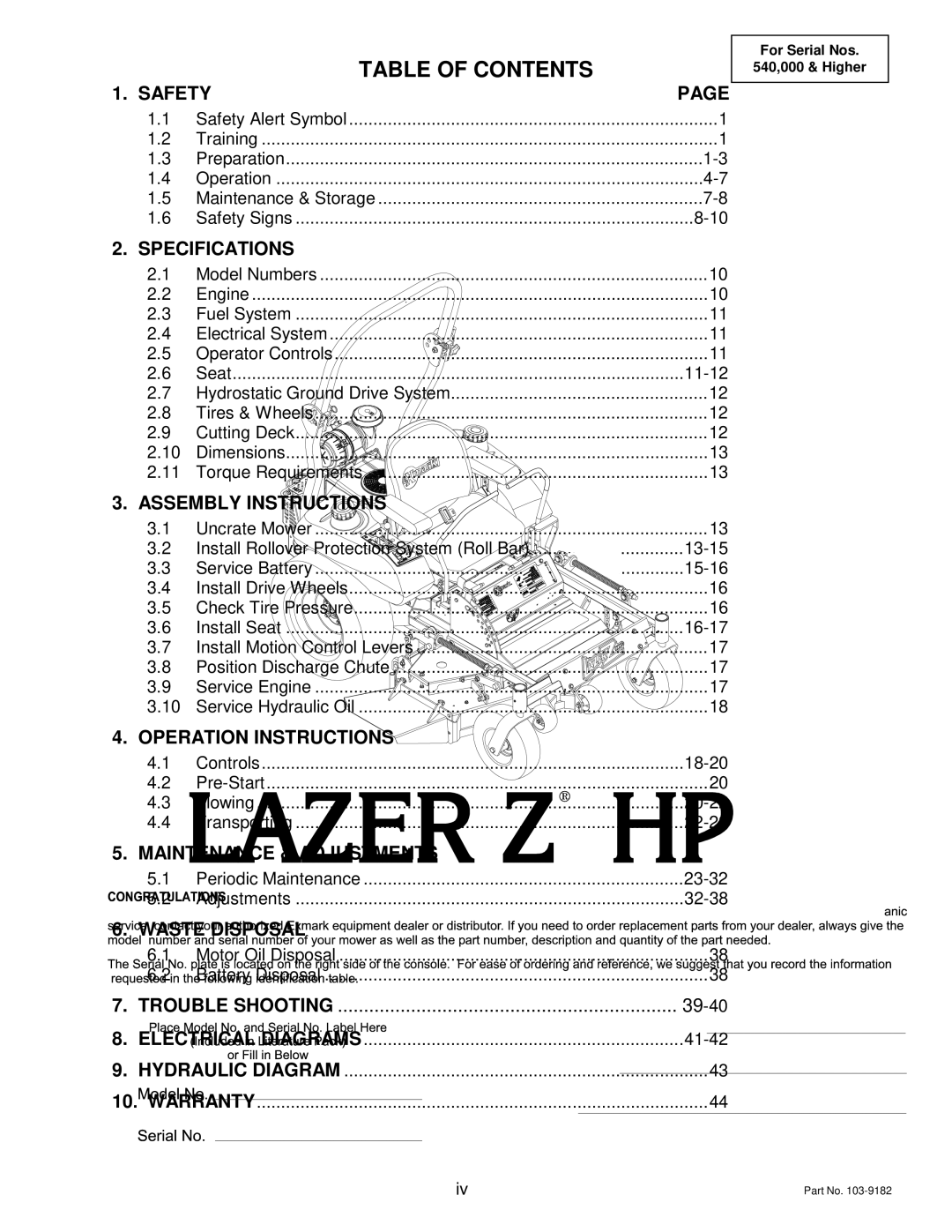 Exmark Lazer ZHP manual Table of Contents 