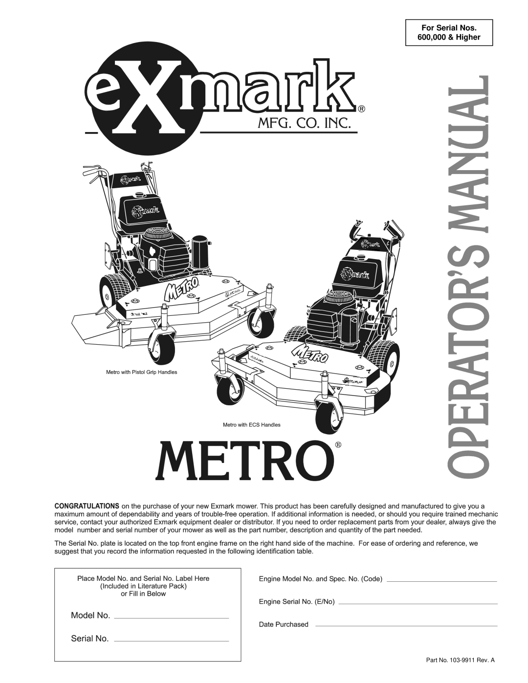 Exmark Lazer ZXS manual For Serial Nos 600,000 & Higher 