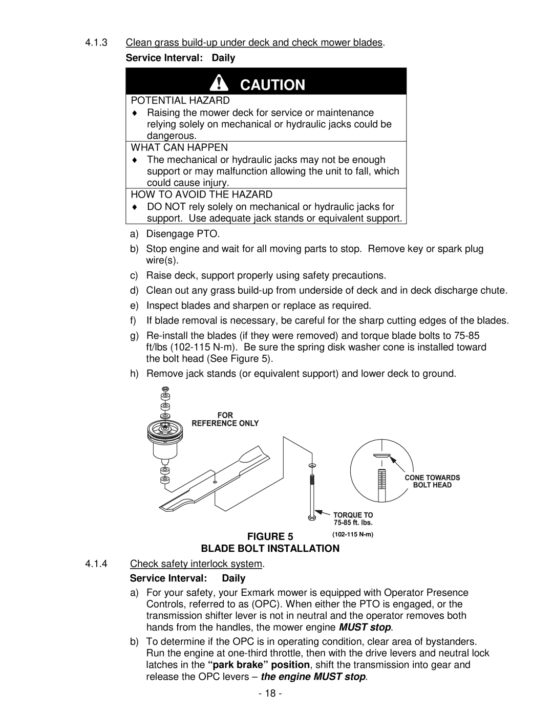 Exmark Lazer ZXS manual Service Interval Daily, Blade Bolt Installation 