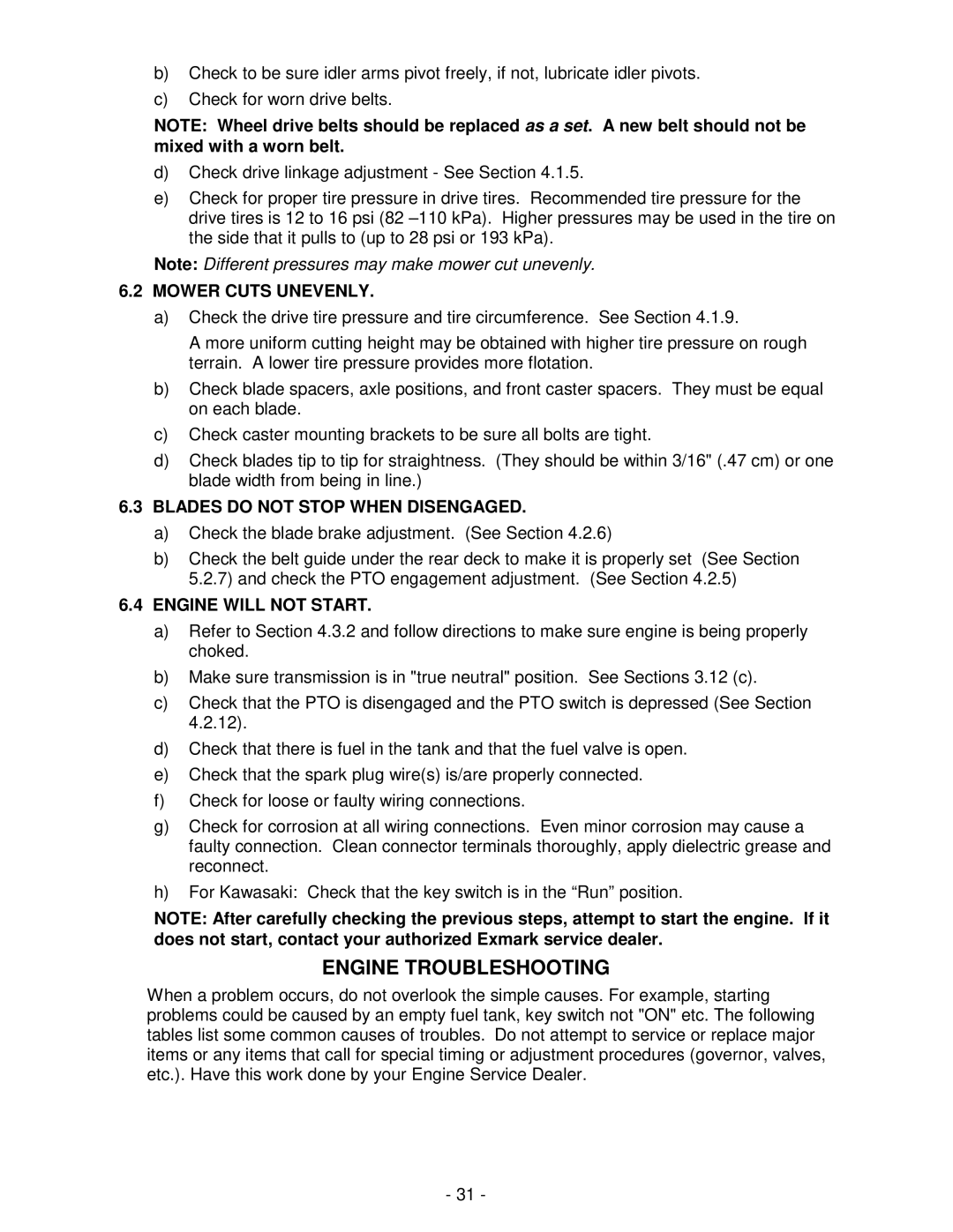 Exmark Lazer ZXS Engine Troubleshooting, Mower Cuts Unevenly, Blades do not Stop When Disengaged, Engine will not Start 