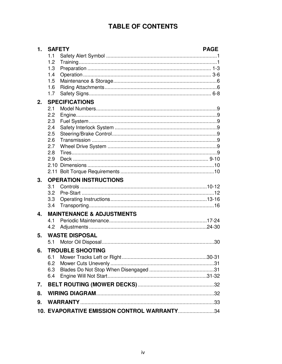 Exmark Lazer ZXS manual Table of Contents 