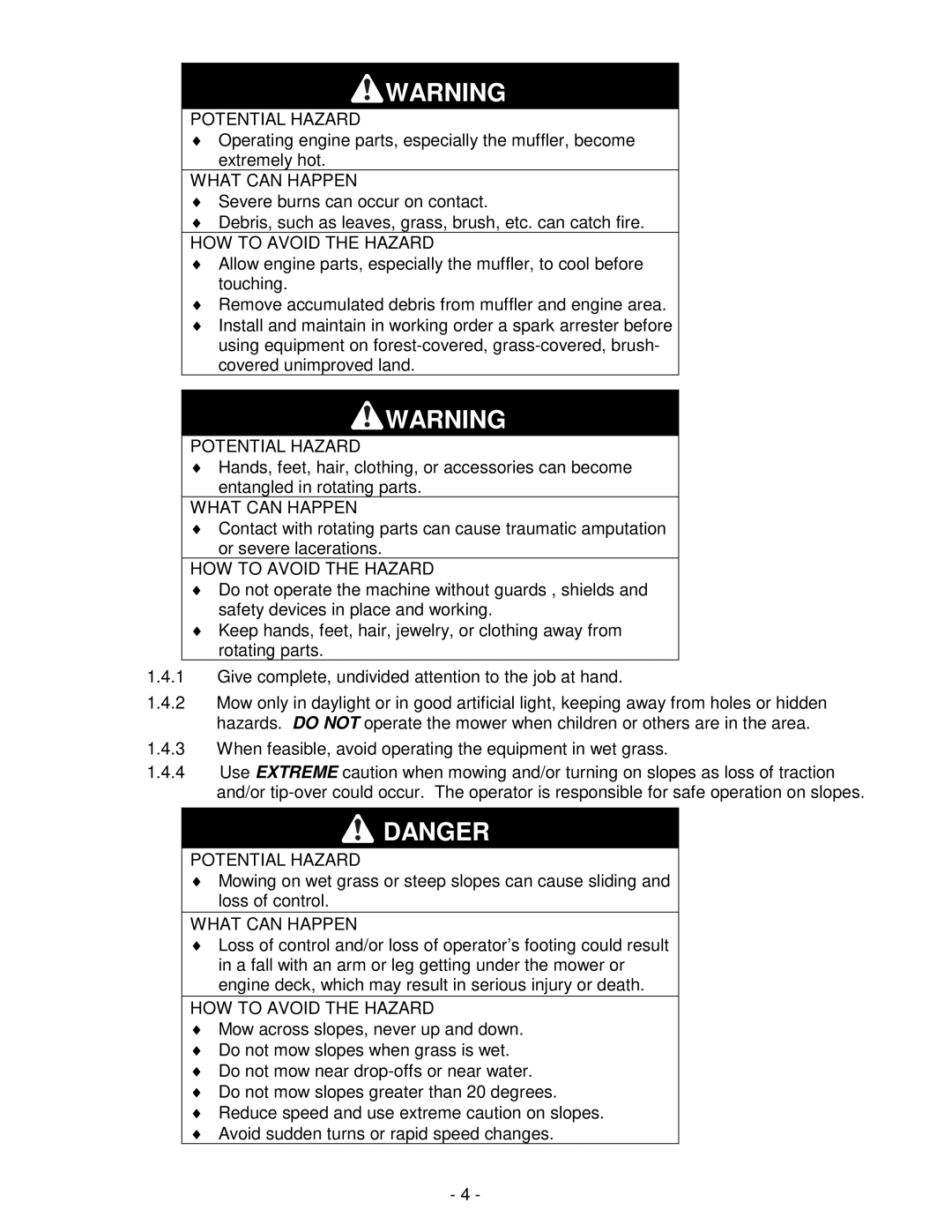 Exmark Lazer ZXS manual Potential Hazard 