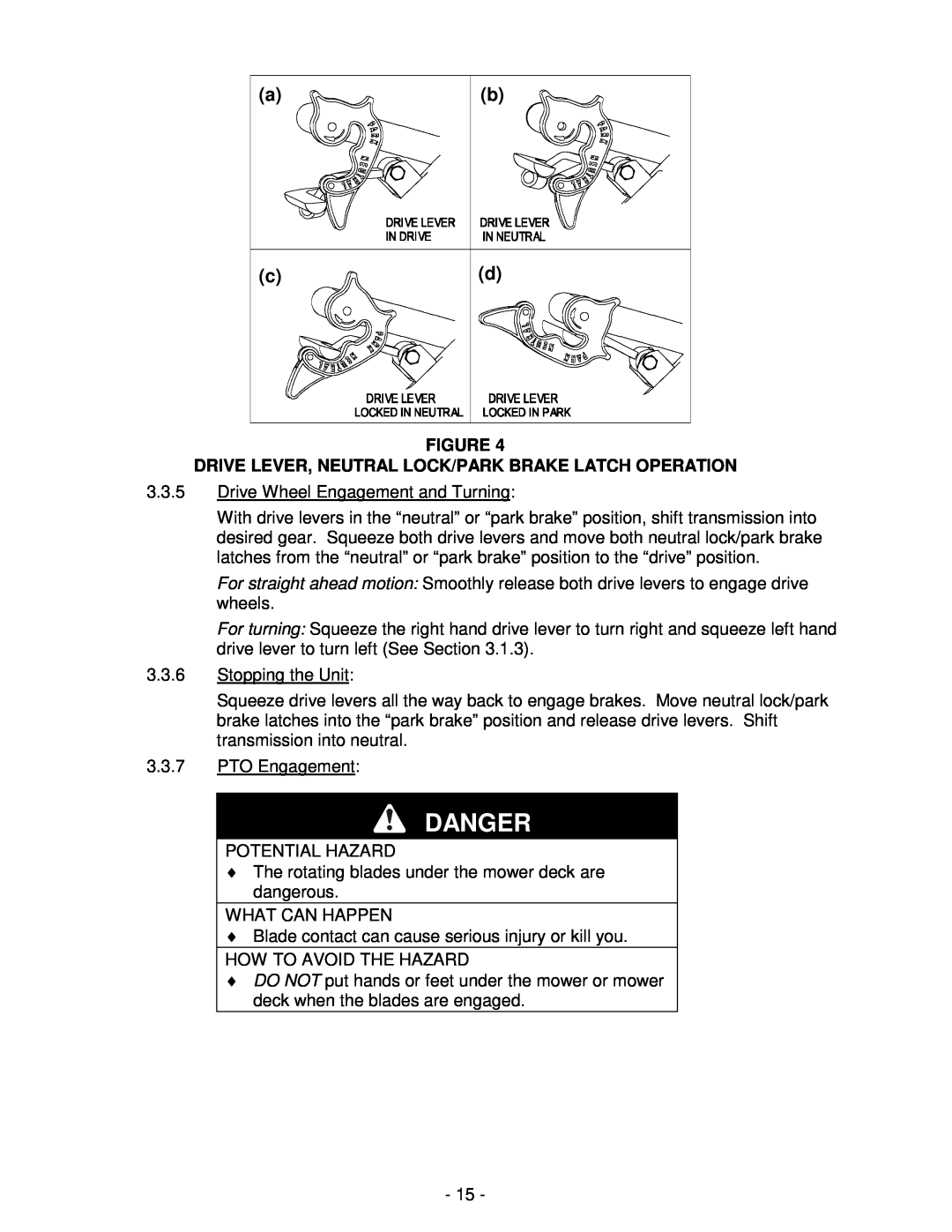 Exmark Lazer ZXS manual Danger, ab cd, Drive Lever, Neutral Lock/Park Brake Latch Operation 
