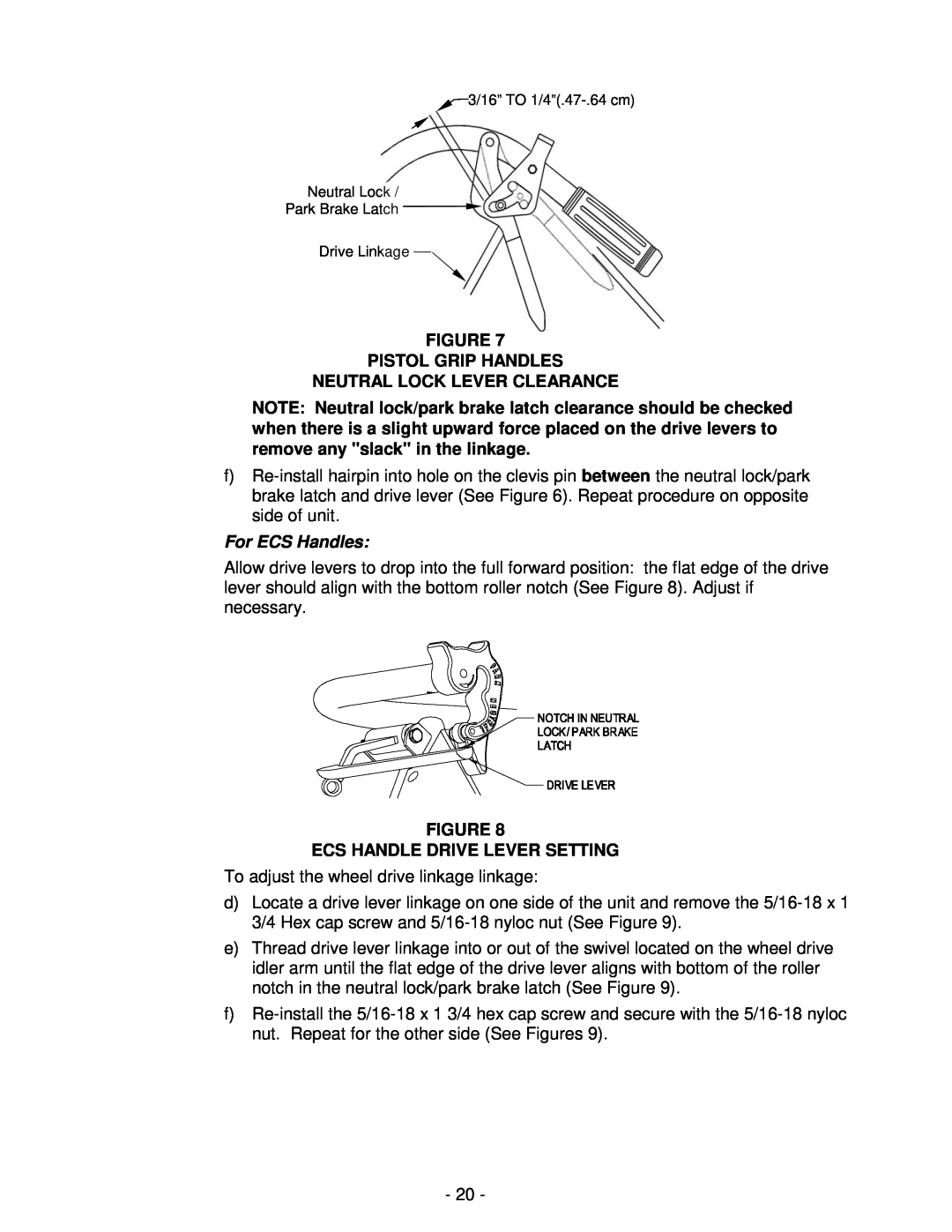 Exmark Lazer ZXS manual Pistol Grip Handles Neutral Lock Lever Clearance, For ECS Handles, Ecs Handle Drive Lever Setting 