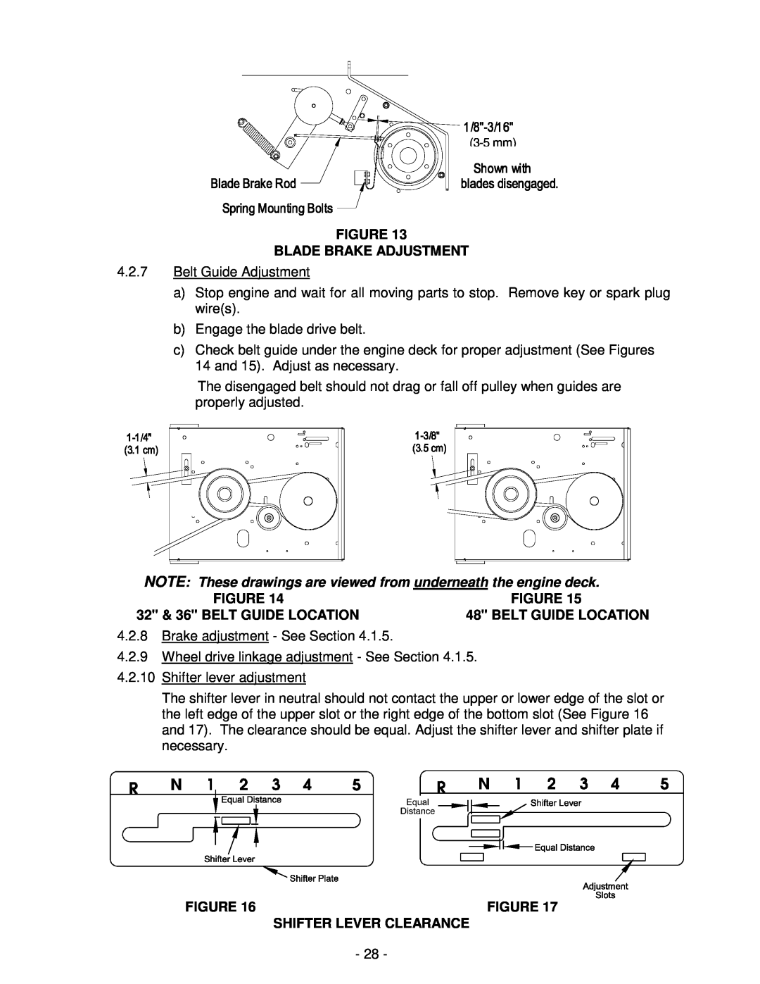 Exmark Lazer ZXS manual 3-5 mm, Blade Brake Adjustment, NOTE These drawings are viewed from underneath the engine deck 