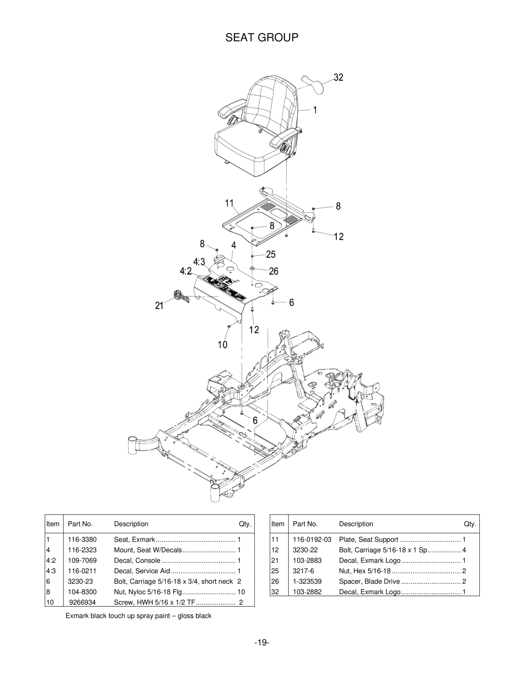 Exmark LZ26KC724, LZ27KC605, LHP4820KC, RT11425 manual Seat Group 