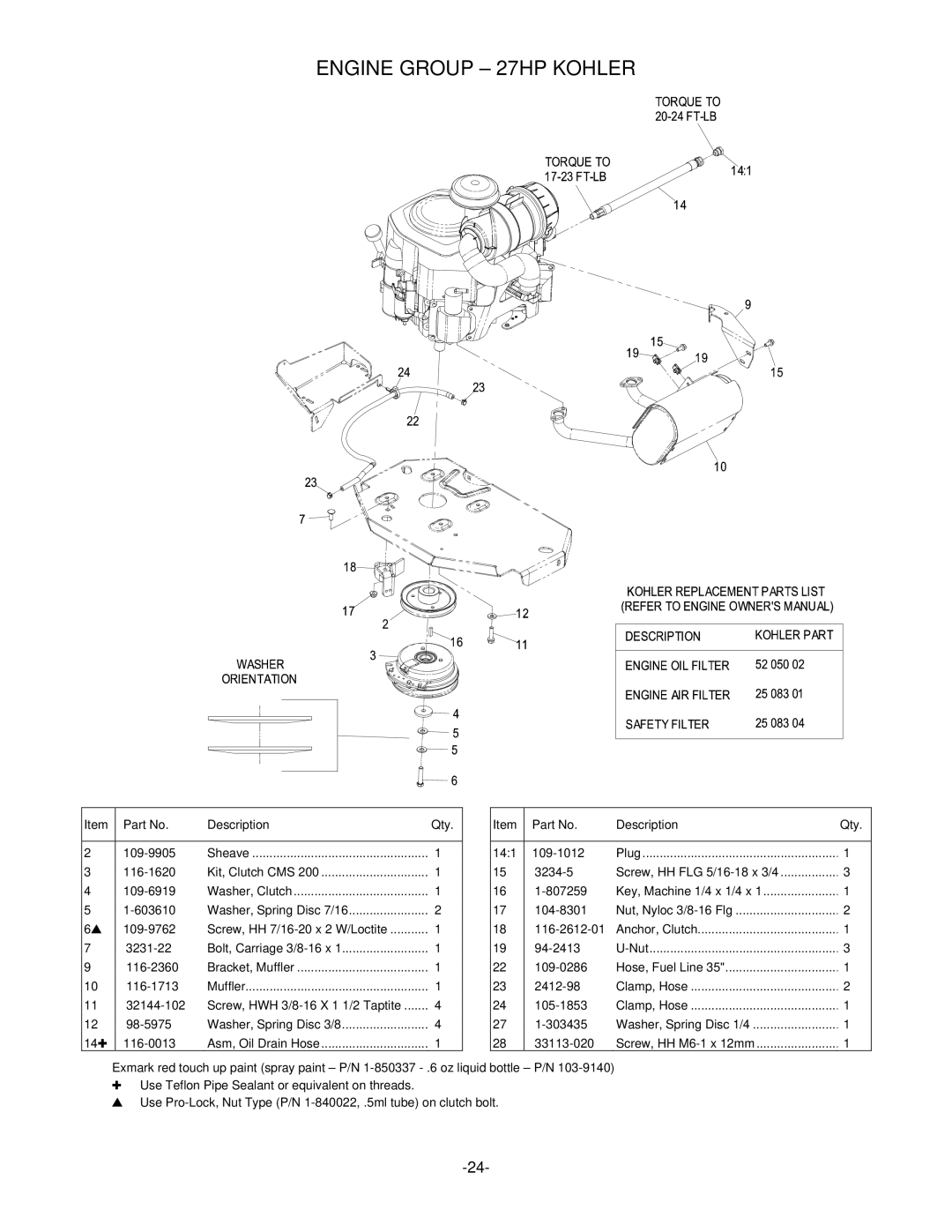 Exmark LZ27KC605, LZ26KC724, LHP4820KC, RT11425 manual Engine Group 27HP Kohler 