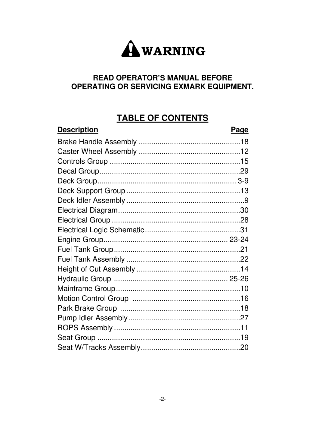 Exmark RT11425, LZ26KC724, LZ27KC605, LHP4820KC manual Table of Contents 