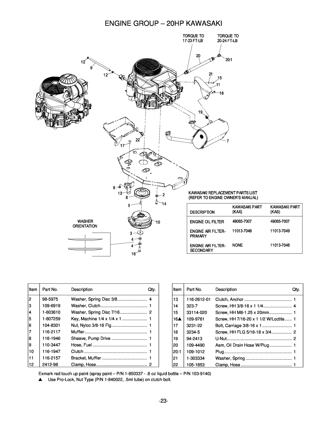 Exmark LZ26KC724, LZ27KC605, LHP4820KC, RT11425 manual ENGINE GROUP – 20HP KAWASAKI 